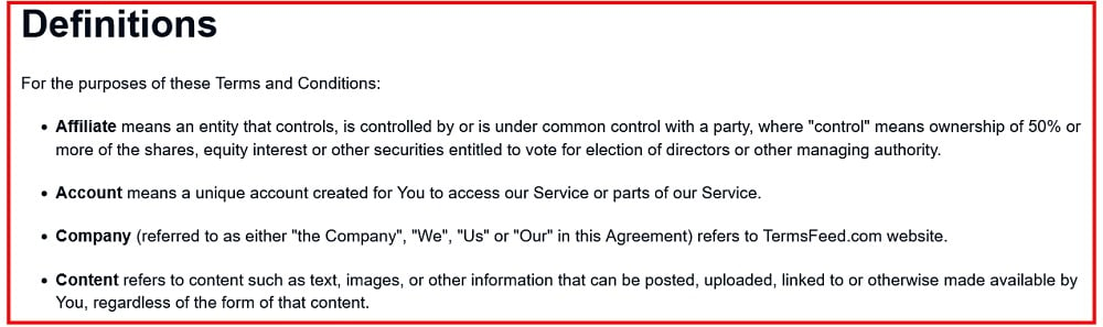 TermsFeed Terms of Use: Definitions section excerpt
