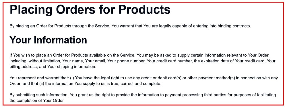 TermsFeed Terms of Use: Placing Orders section excerpt