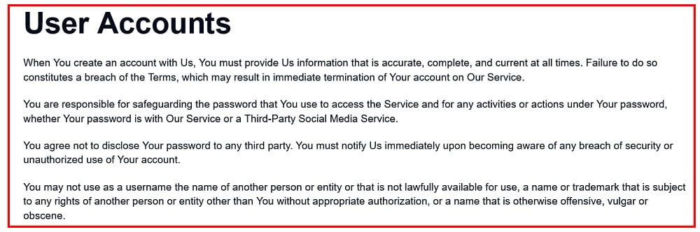 TermsFeed Terms of Use: User accounts clause
