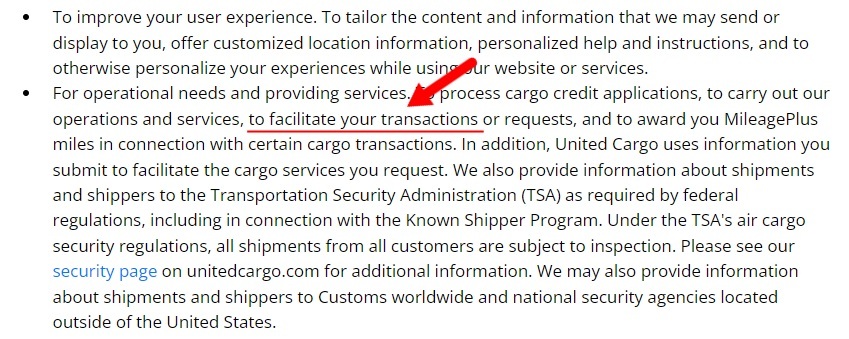 United Cargo Privacy Policy: How do we use your personal information clause excerpt