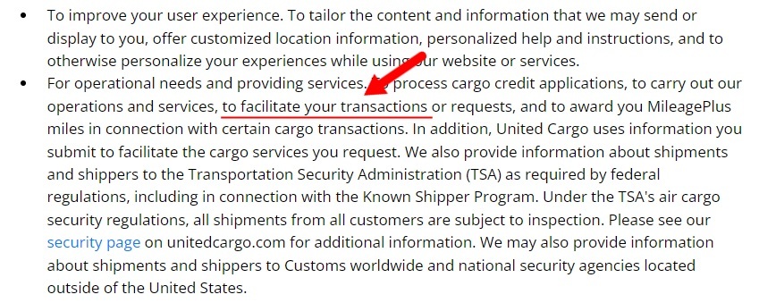 United Cargo Privacy Policy: How do we use your personal information clause excerpt