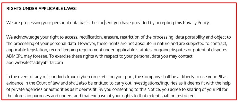 Aditya Birla Group Privacy and Cookies Policy: Rights Under Applicable Laws clause