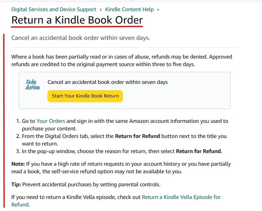Amazon Return a Kindle book Help section