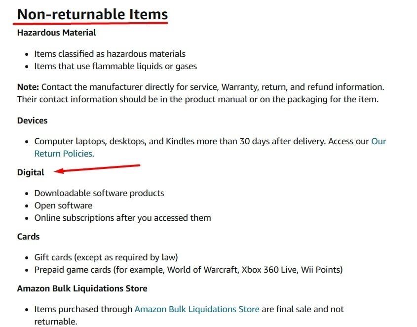 Amazon Return Policy: Non-Returnable Items section excerpt