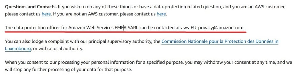 Amazon Web Services Privacy Notice: Questions and Contacts clause
