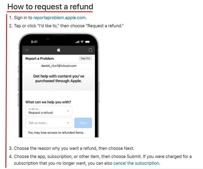 Apple request refund instructions