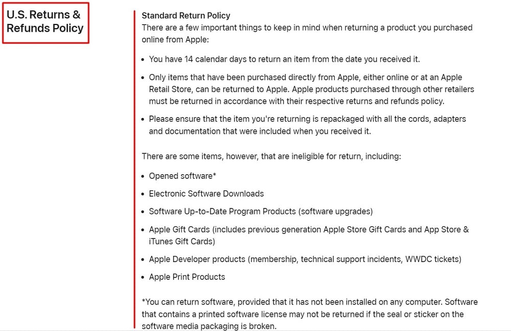 Apple Returns and Refunds Policy excerpt