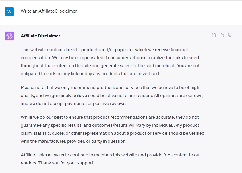 ChatGPT-generated affiliate disclaimer test screenshot