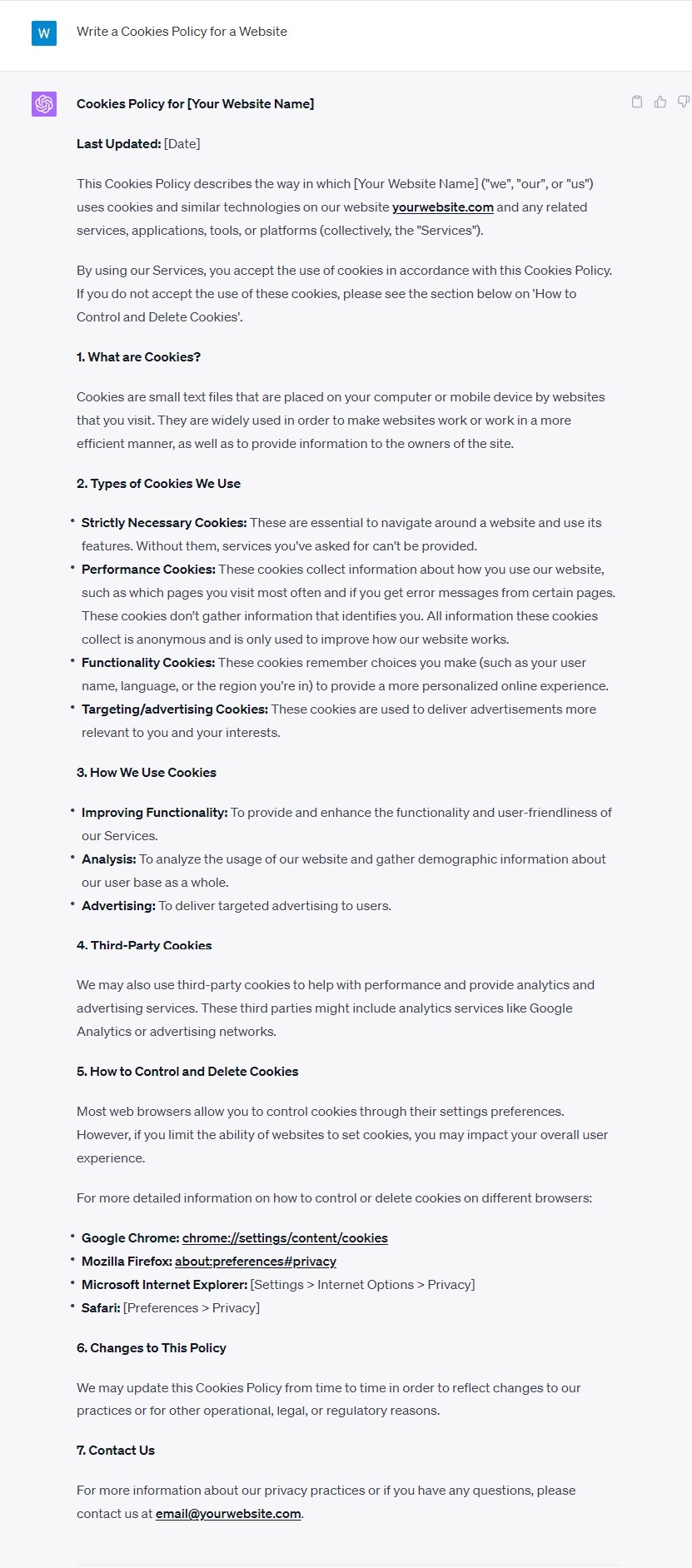 ChatGPT-generated Cookies Policy test screenshot