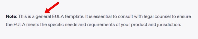 ChatGPT-generated EULA test: General template disclaimer