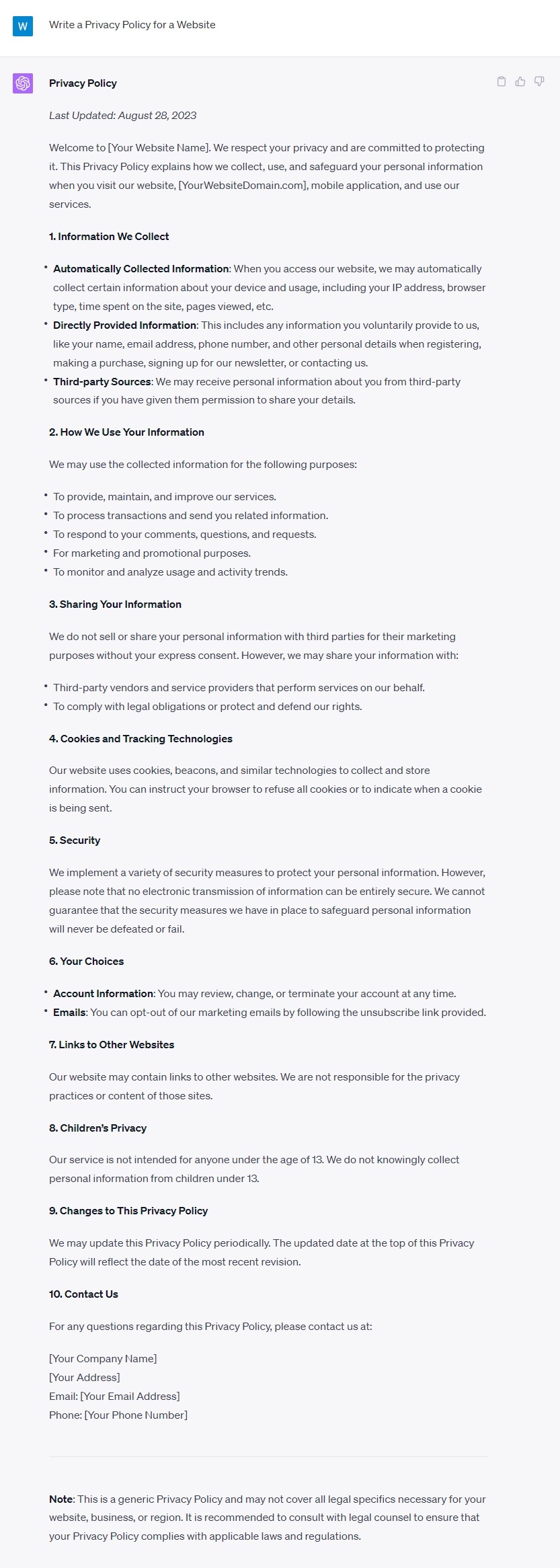 ChatGPT-generated Privacy Policy test screenshot