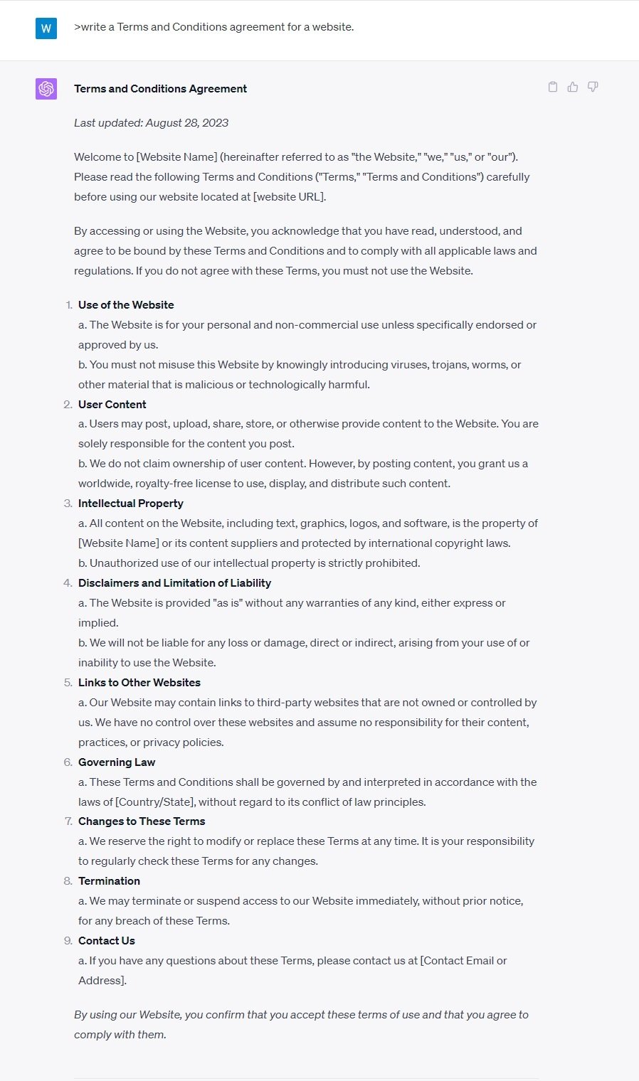 ChatGPT-generated Terms and Conditions agreement test screenshot