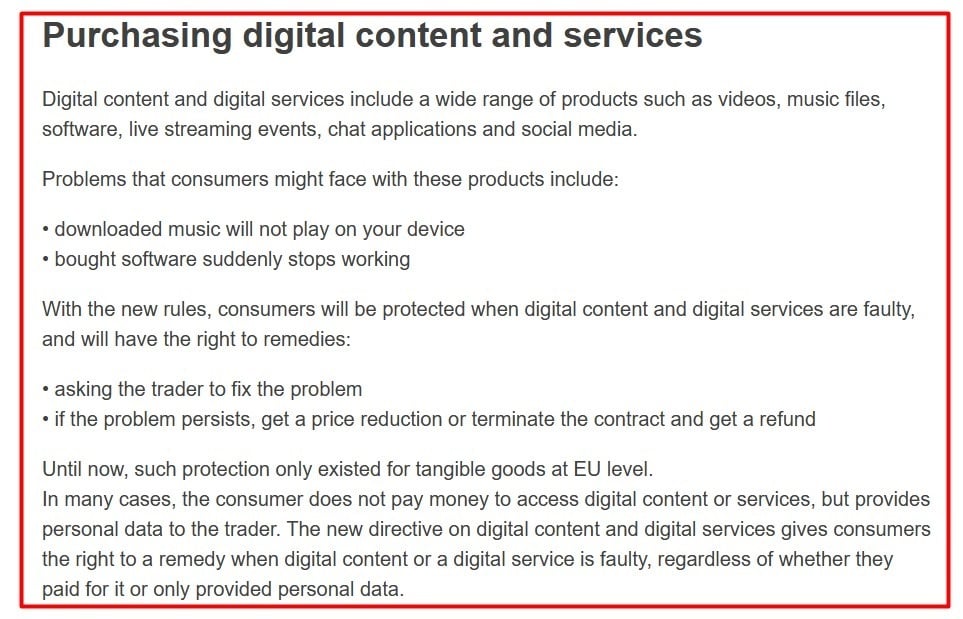 EU Commission: Digital Contract Rules - Purchasing Digital Content and Services excerpt