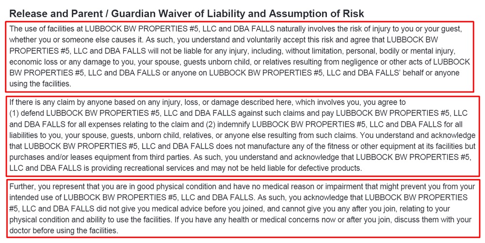 The Falls Tennis and Athletic Club Liability Waiver: Release and Parent Guardian section