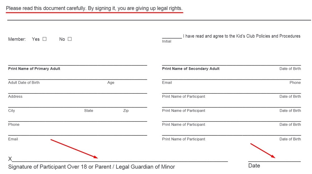 The Falls Tennis and Athletic Club Liability Waiver: Consent section