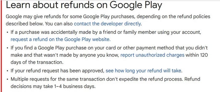 Google Play: Learn about refunds on Google Play excerpt