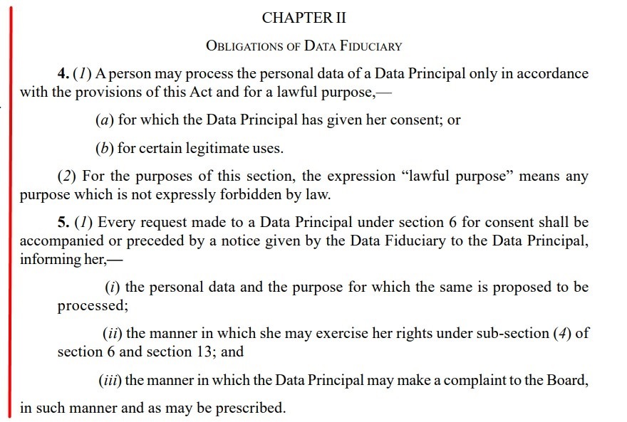 India DPDP: Chapter 2 Sections 4 and 5