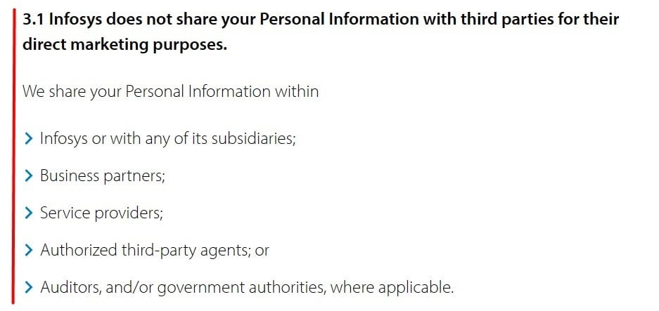 Infosys Privacy Statement: Third parties sharing personal information clause