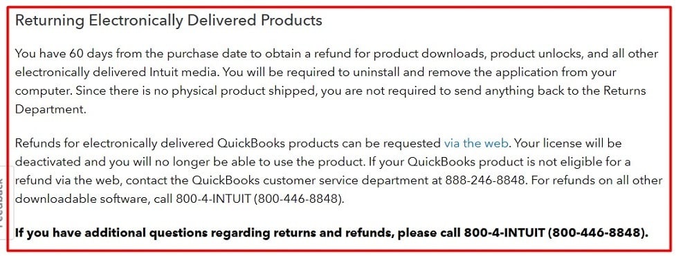 Intuit Quickbooks Return Policy: Returning Electronically Delivered Products section