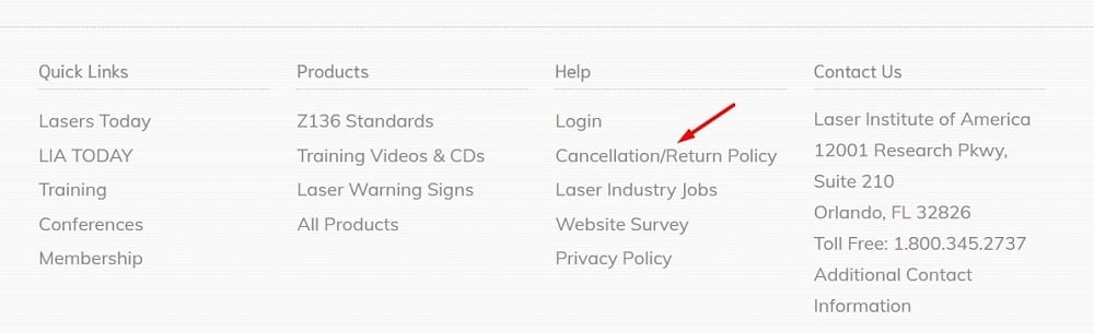 Laser Institute website footer with Cancellation/Return Policy link highlighted