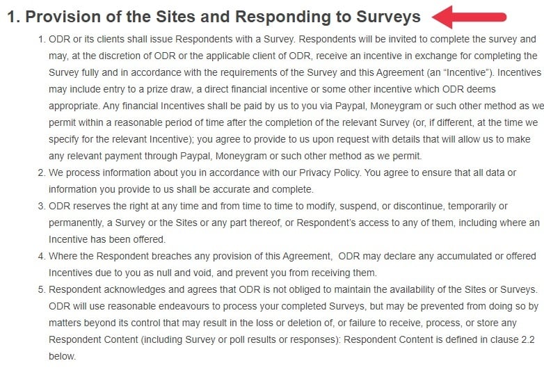 On Device Research Terms and Conditions for Survey Respondents excerpt