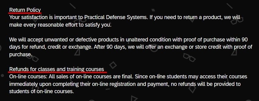 Practical Defense Systems Terms and Conditions agreement: Return Policy clause