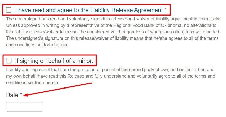 Regional Food Bank of Oklahoma Liability Waiver consent section