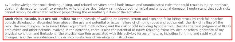 Rock Climb Every Day Liability Waiver: Summary of risks section