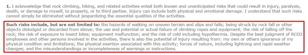 Rock Climb Every Day Liability Waiver: Summary of risks section