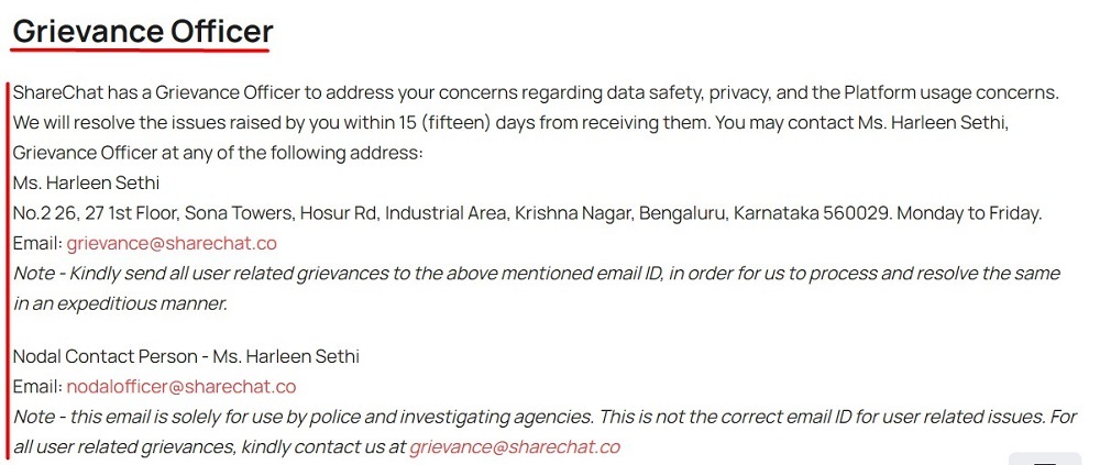 ShareChat Privacy Policy: Grievance Officer contact information clause