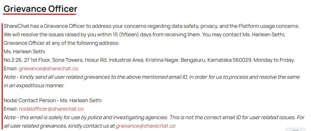 ShareChat Privacy Policy: Grievance Officer contact information clause