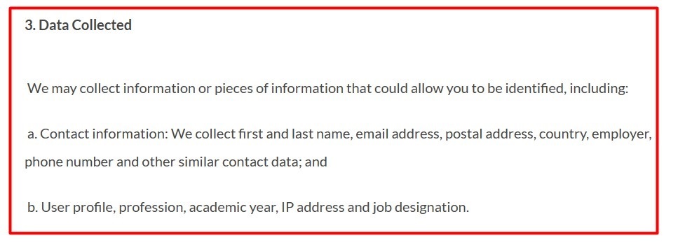 Tata Group Privacy and Cookies Policy: Data Collected clause excerpt