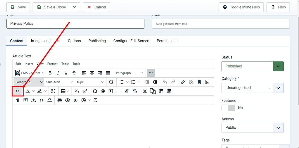 TermsFeed Joomla 4: Articles - New - Privacy Policy - Expanded editor - Code icon highlighted