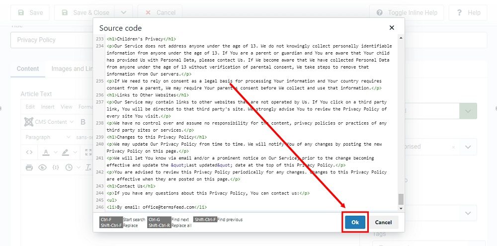 TermsFeed Joomla 4: Articles - New - Privacy Policy - Source Code Editor - OK highlighted