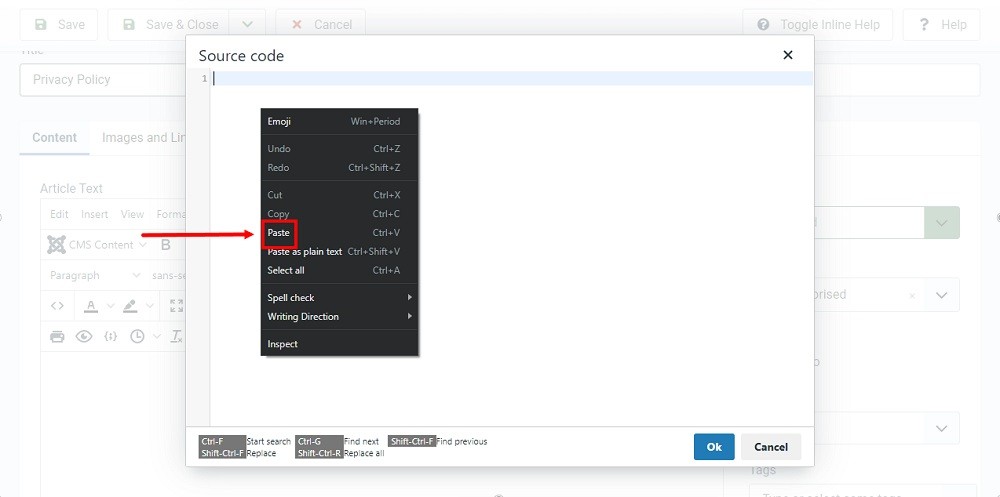 TermsFeed Joomla 4: Articles - New - Privacy Policy - Source Code Editor - Paste highlighted
