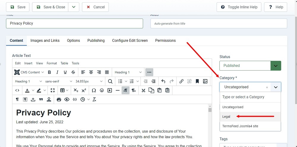 TermsFeed Joomla 4: Articles - New - Privacy Policy - Text added - Category Legal highlighted