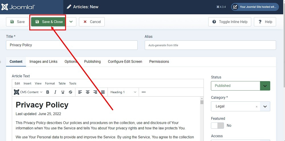 TermsFeed Joomla 4: Articles - New - Privacy Policy - Text added - Save and close button highlighted