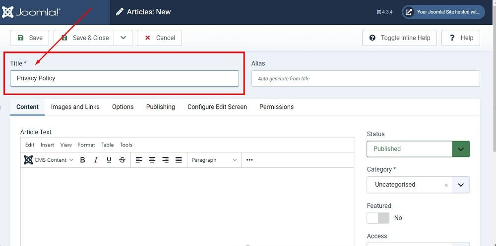 TermsFeed Joomla 4: Articles - New - Privacy Policy title added highlighted