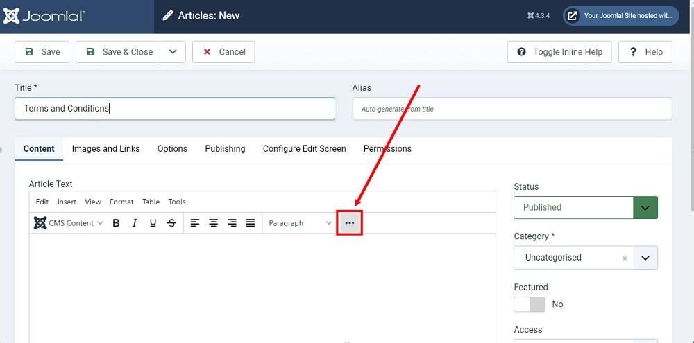 TermsFeed Joomla 4: Articles - New - Terms and Conditions - Expand editor highlighted