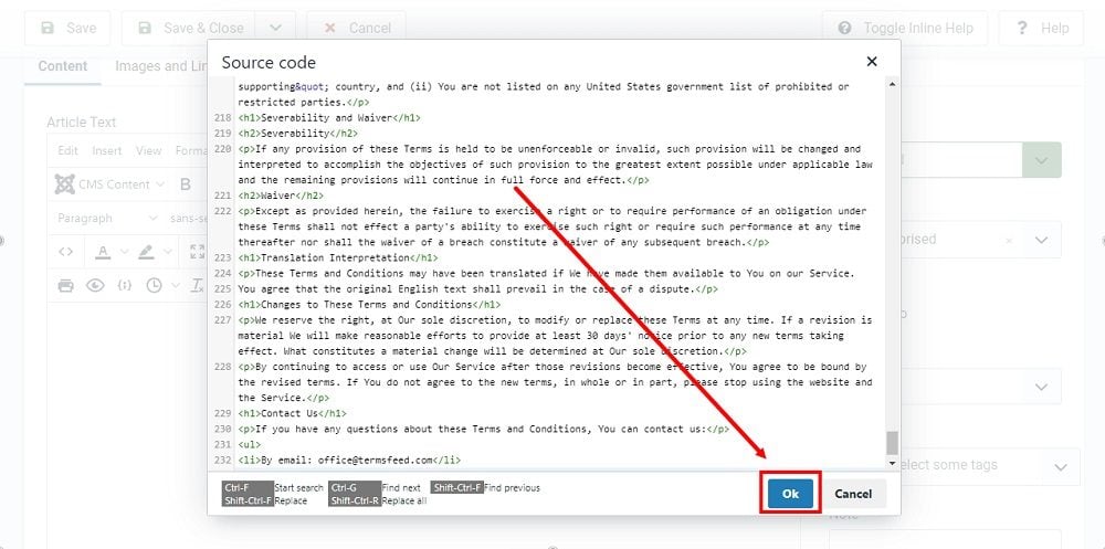 TermsFeed Joomla 4: Articles - New - Terms and Conditions - Source Code Editor - OK highlighted