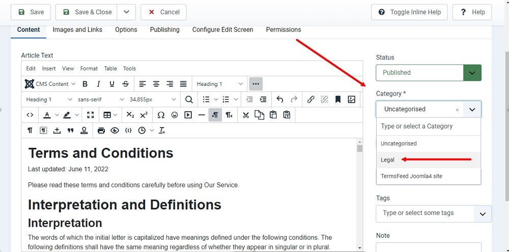 TermsFeed Joomla 4: Articles - New - Terms and Conditions - Text added - Category Legal highlighted