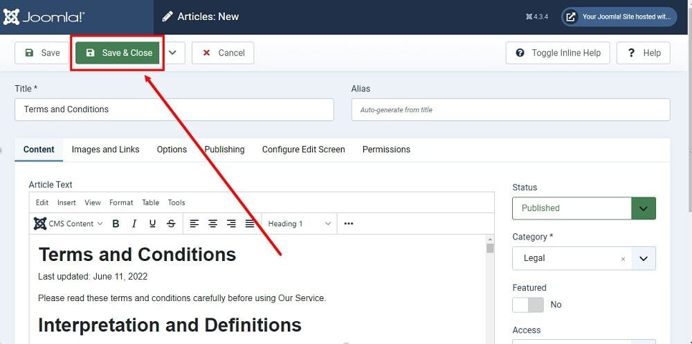 TermsFeed Joomla 4: Articles - New - Terms and Conditions - Text added - Save and close button highlighted
