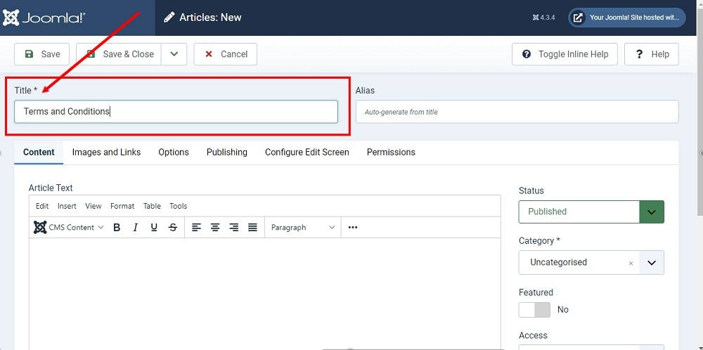 TermsFeed Joomla 4: Articles - New - Terms and Conditions title added highlighted