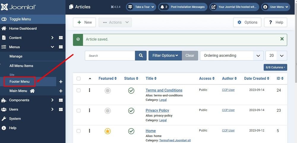 TermsFeed Joomla 4: Dashboard - Menu - Footer Menu highlighted