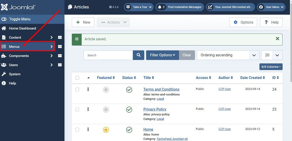 TermsFeed Joomla 4: Dashboard - Menu highlighted