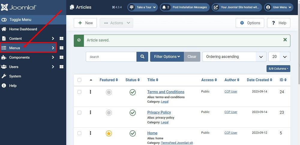 TermsFeed Joomla 4: Dashboard - Menu highlighted