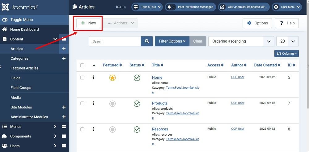 TermsFeed Joomla 4: Dashboard with the Content - Articles - New highlighted