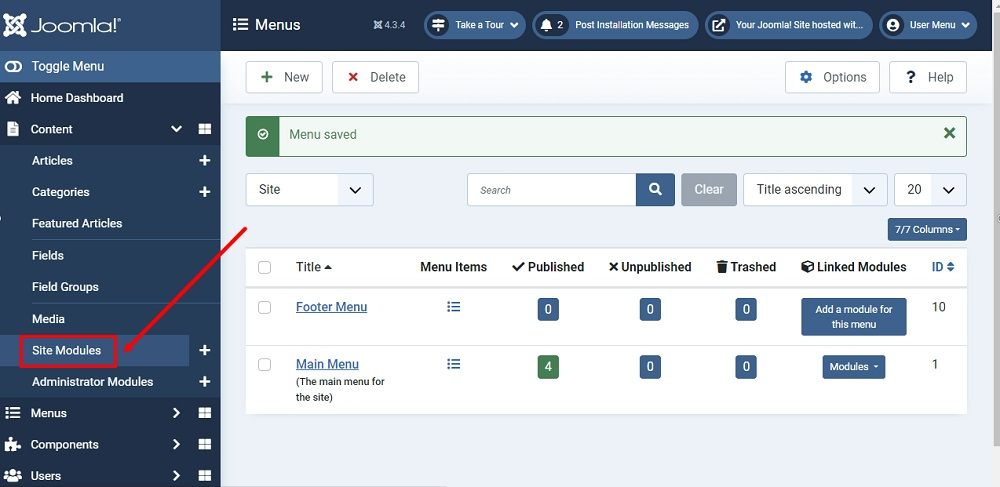 TermsFeed Joomla 4: Dashboard -Content - Site Modules highlighted