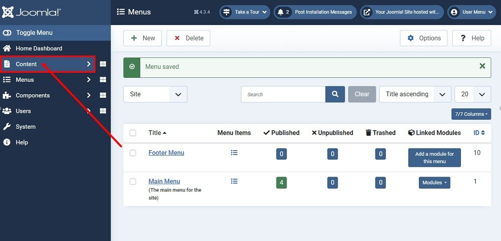 TermsFeed Joomla 4: New menu added - Back to Dashboard - Content highlighted