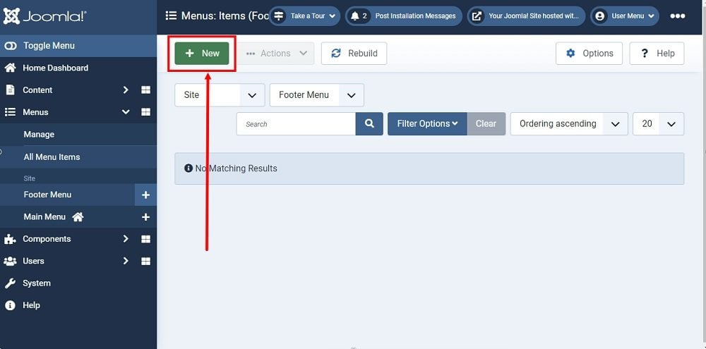 TermsFeed Joomla 4: Dashboard - Menu - Footer Menu - Items - New highlighted
